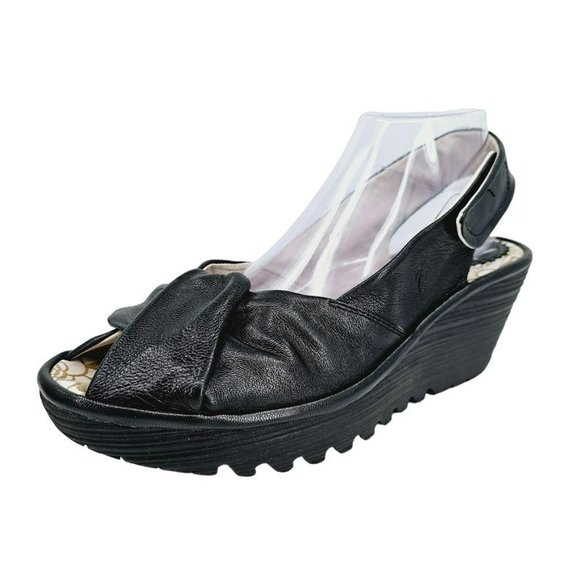 Fly London Yakin Ankle Strap Wedge Sandals 41 10 Black Leather Peep Toe Comfort - Picture 13 of 13
